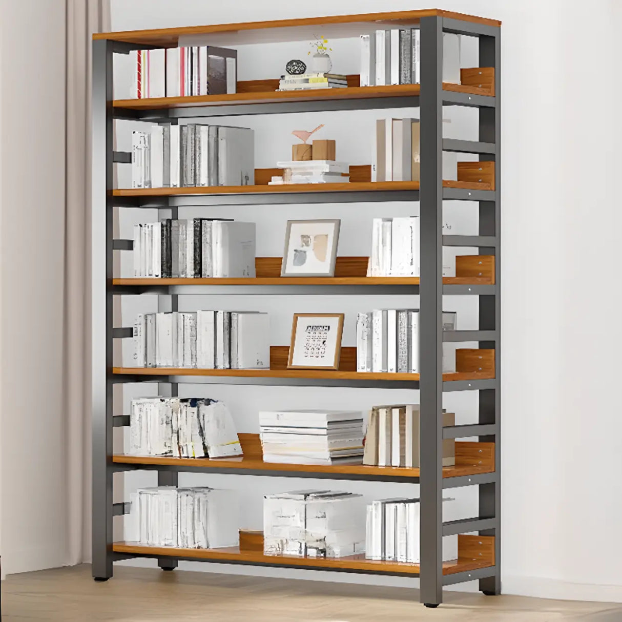 Rustic Espresso Metal Open-Back Display Tall Bookcase Image - 6