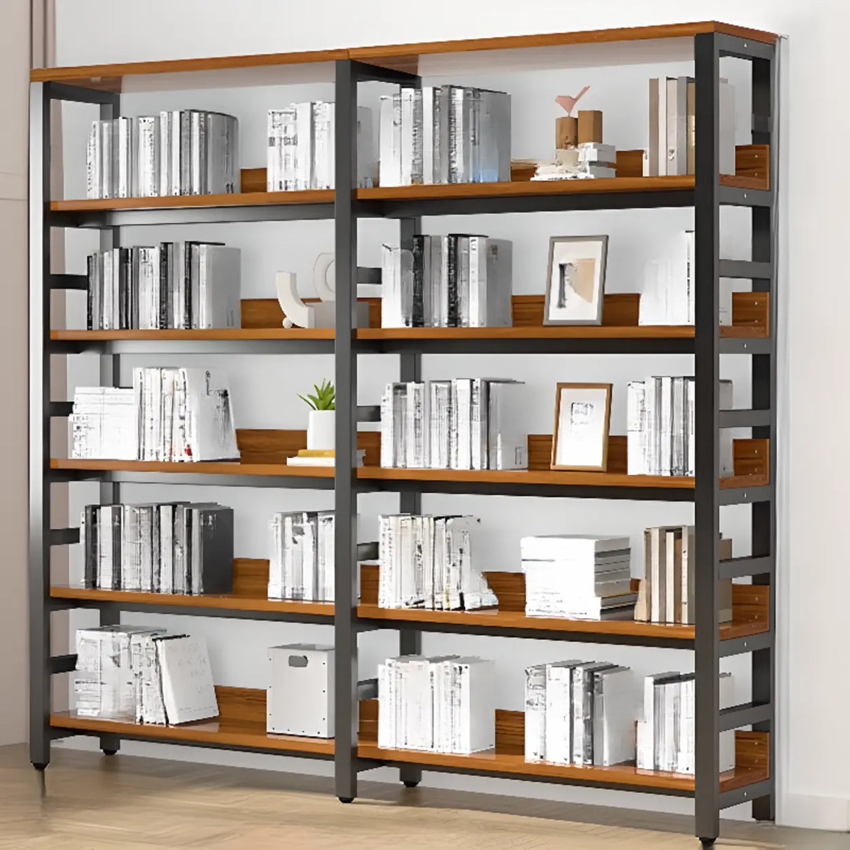 Rustic Espresso Metal Open-Back Display Tall Bookcase Image - 9