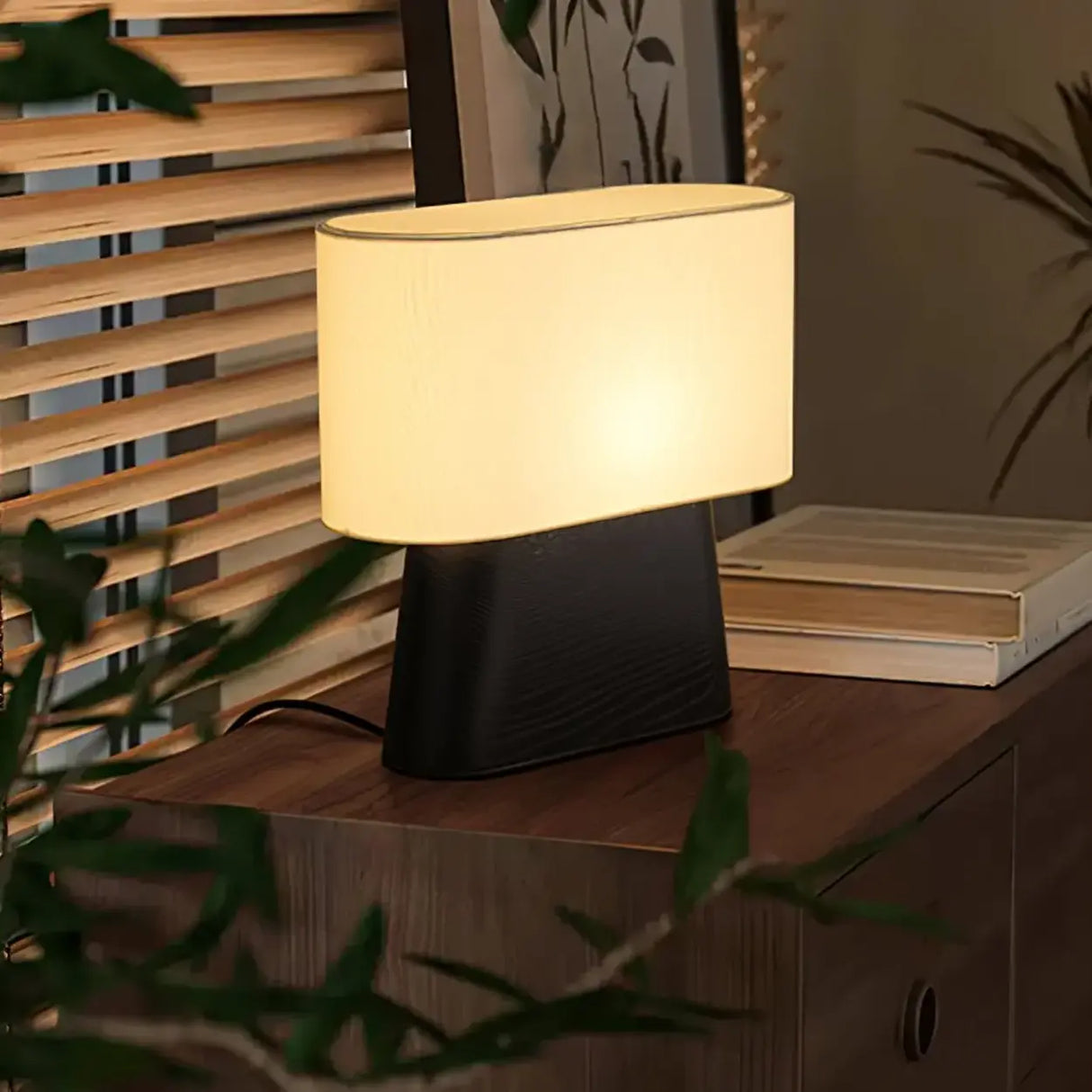Rustic Fabric Oval Shade Wood Base Table Lamp Image - 4