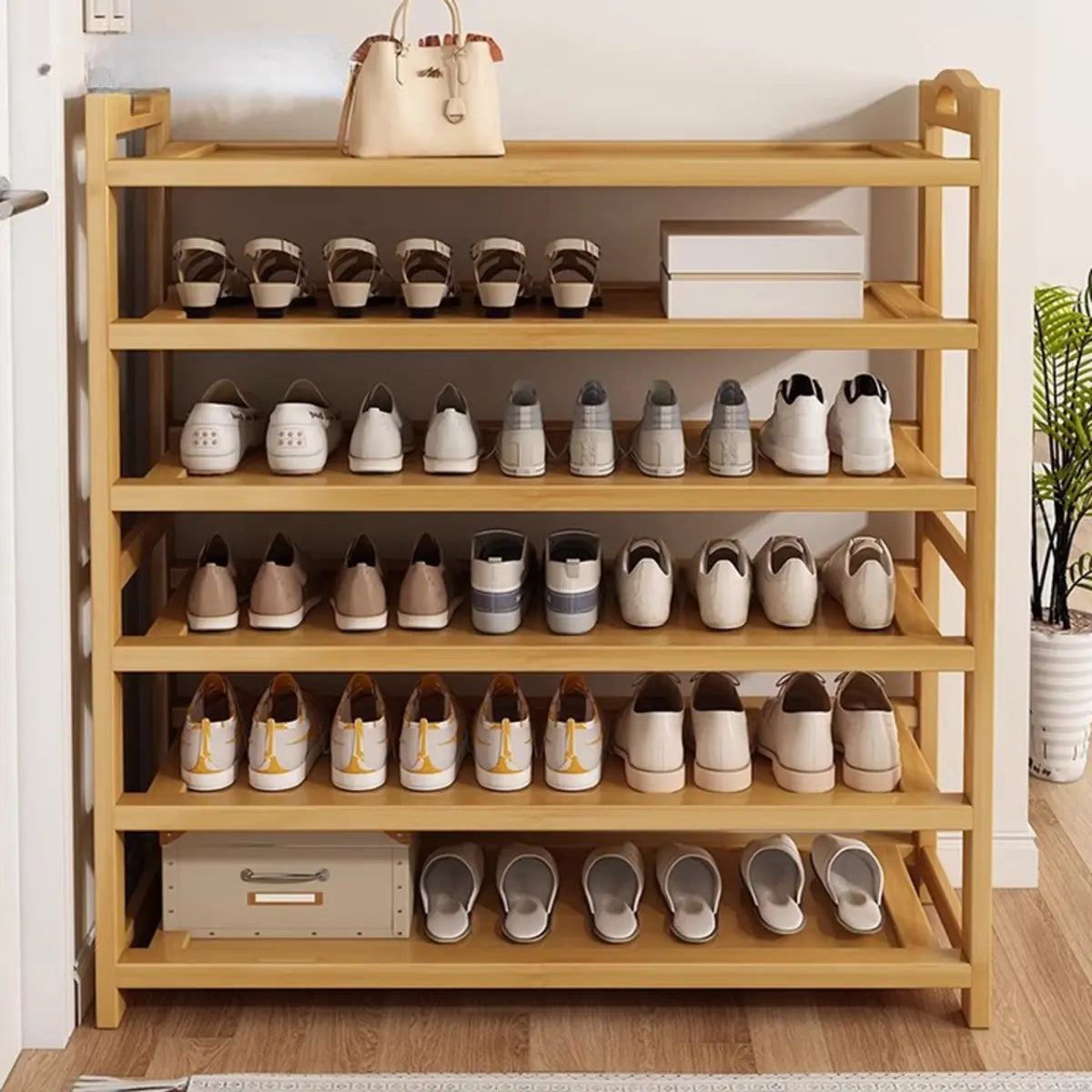 Rustic Five-Tier Natural Bamboo Shoe Rack Entryway Image - 13