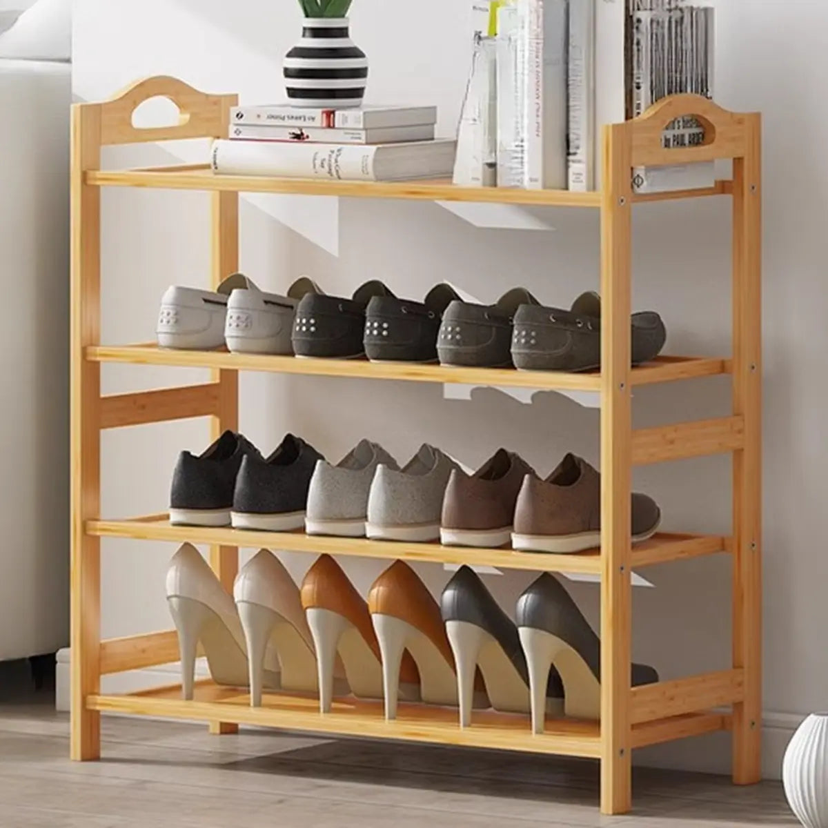 Rustic Five-Tier Natural Bamboo Shoe Rack Entryway Image - 17
