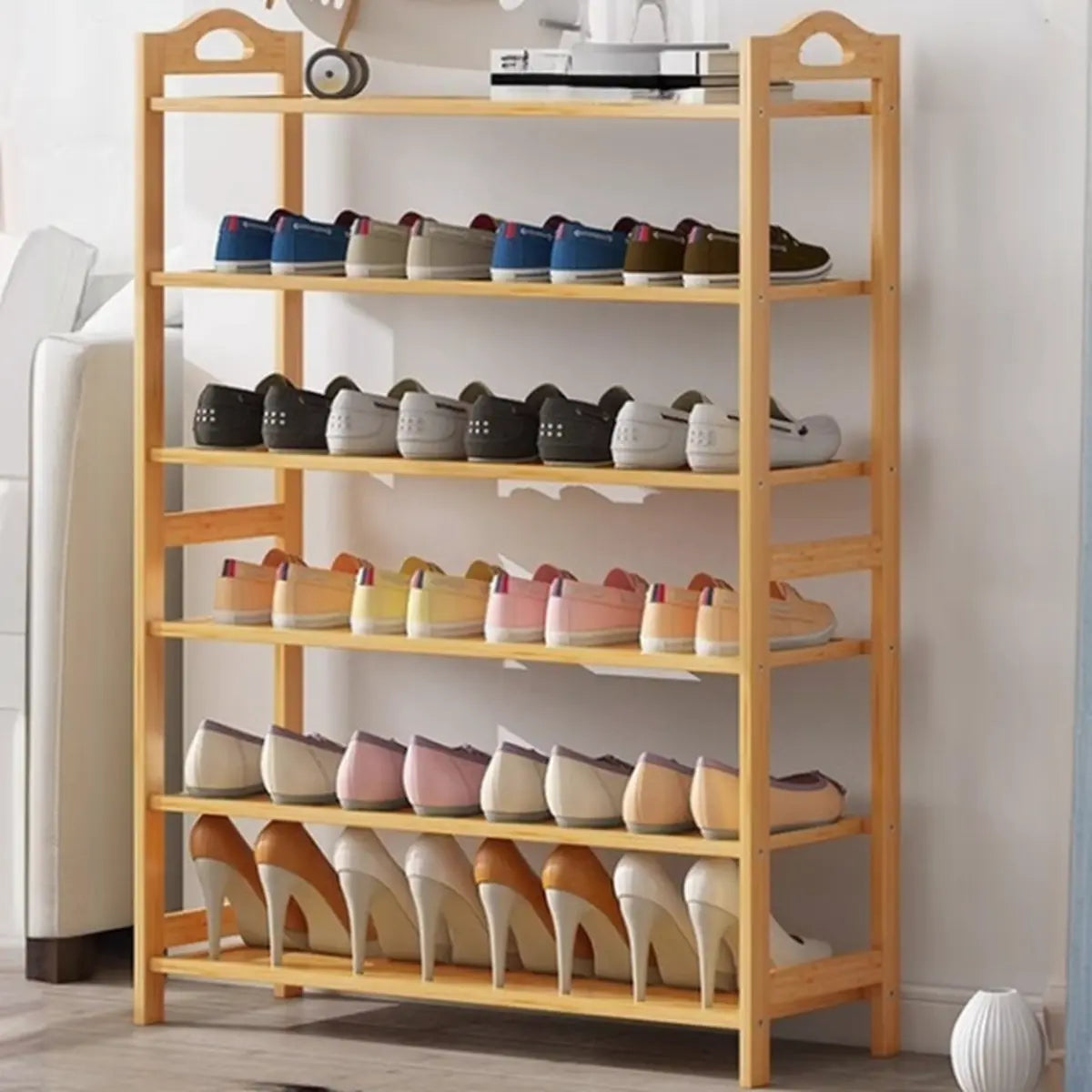 Rustic Five-Tier Natural Bamboo Shoe Rack Entryway Image - 19