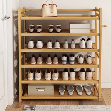 Rustic Five-Tier Natural Bamboo Shoe Rack Entryway Image - 2