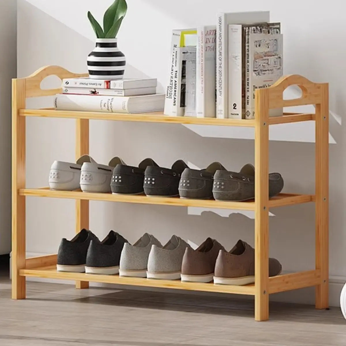 Rustic Five-Tier Natural Bamboo Shoe Rack Entryway Image - 20