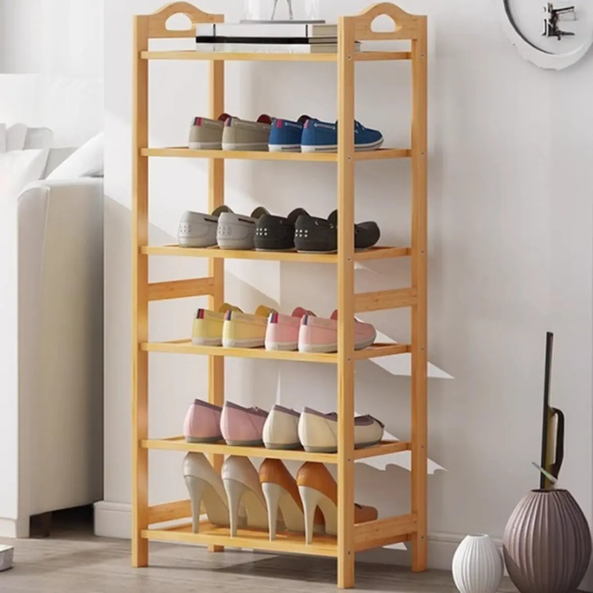 Rustic Five-Tier Natural Bamboo Shoe Rack Entryway Image - 22