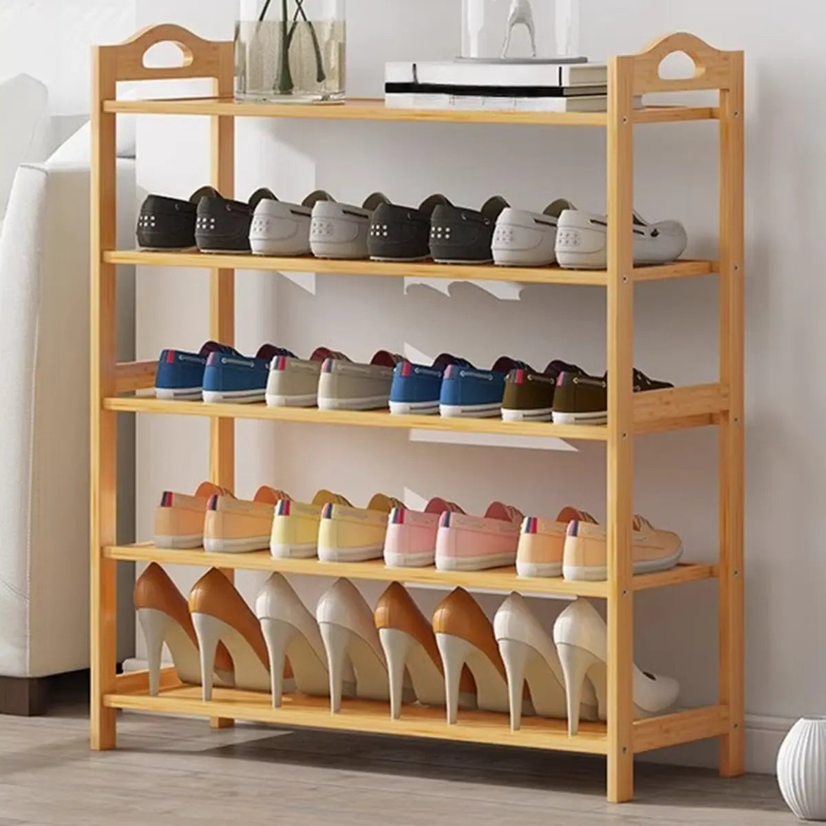 Rustic Five-Tier Natural Bamboo Shoe Rack Entryway Image - 23
