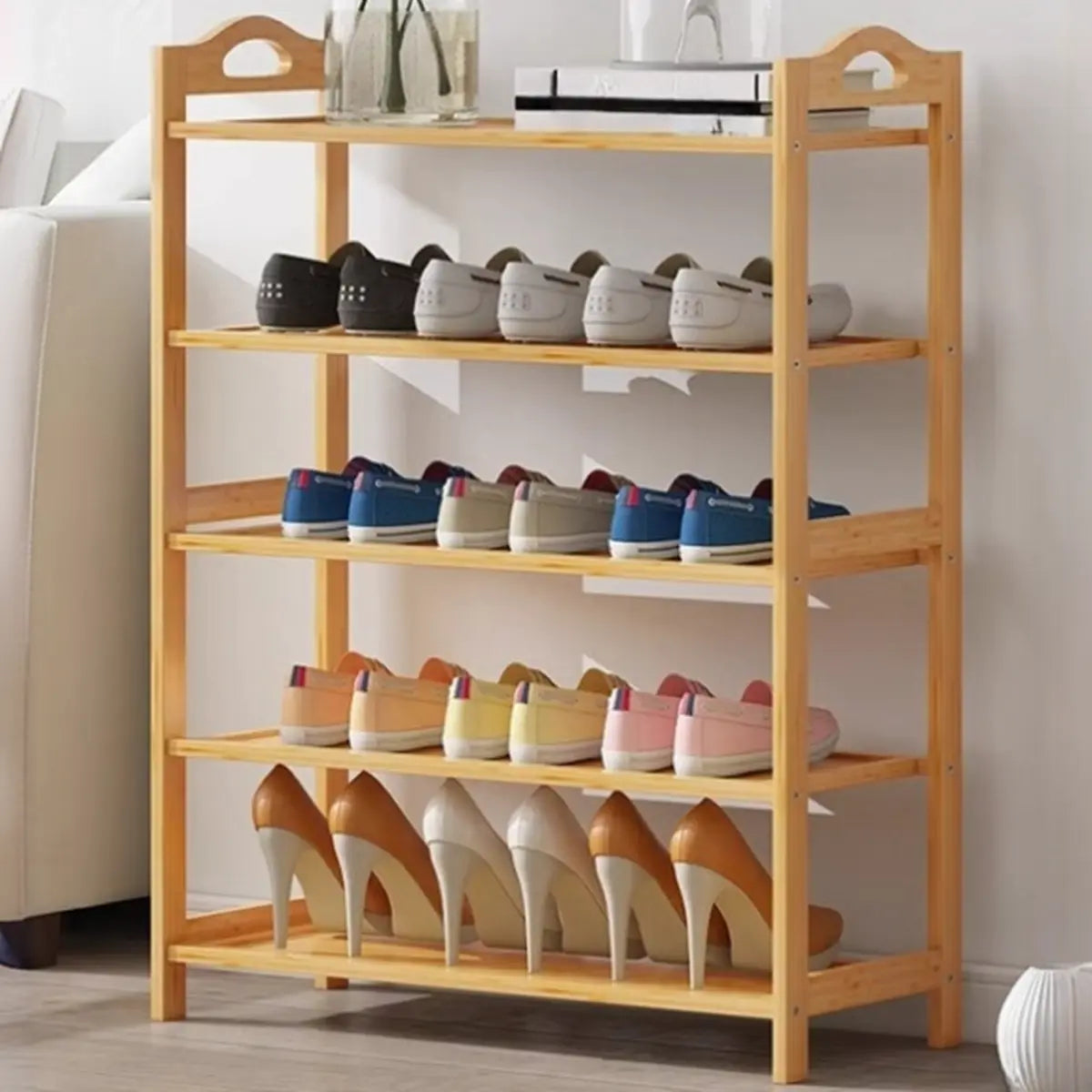 Rustic Five-Tier Natural Bamboo Shoe Rack Entryway Image - 24