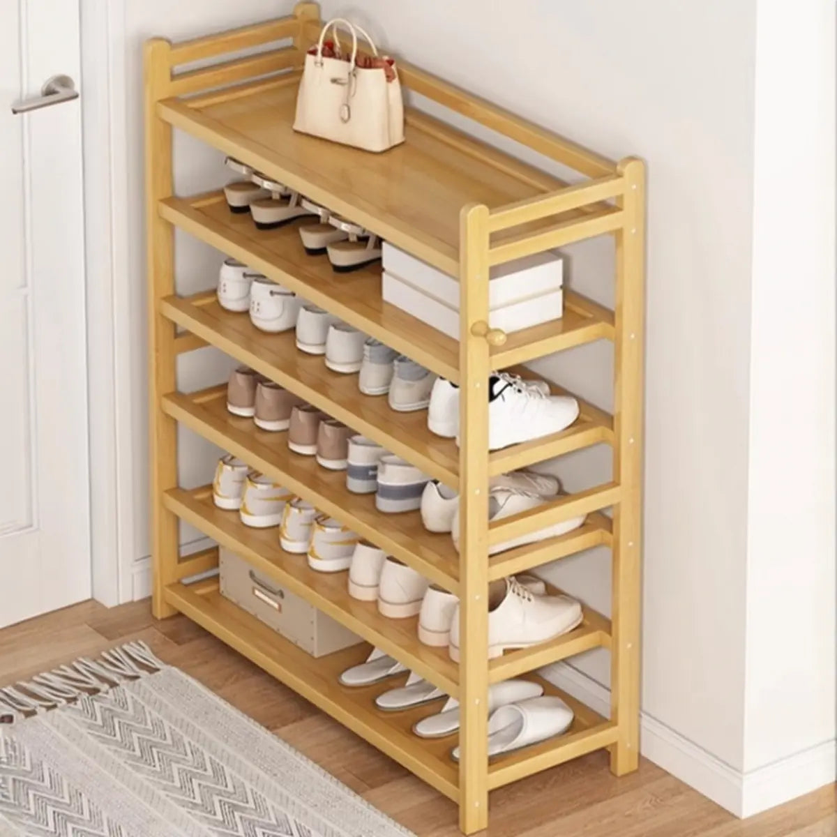 Rustic Five-Tier Natural Bamboo Shoe Rack Entryway Image - 3