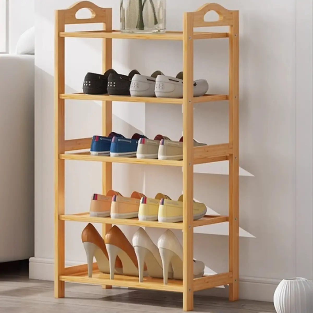 Rustic Five-Tier Natural Bamboo Shoe Rack Entryway Image - 8
