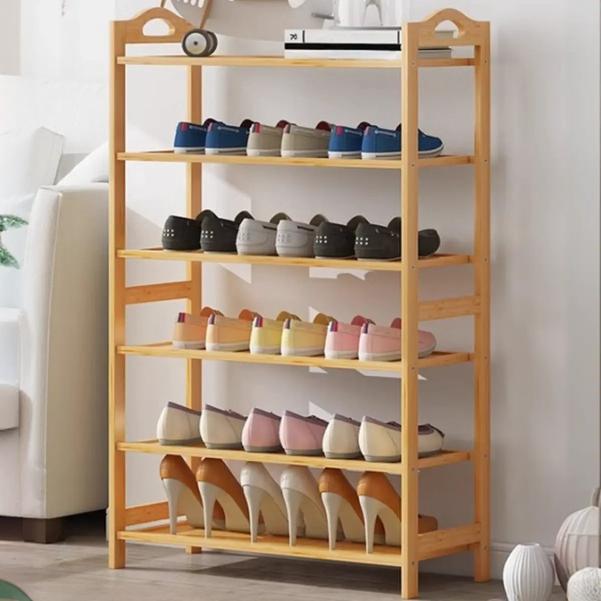 Rustic Five-Tier Natural Bamboo Shoe Rack Entryway Image - 9