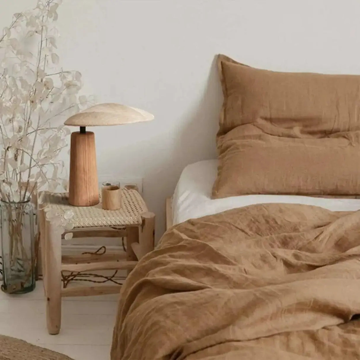 Rustic Flax Cone Shade Natural Wood Plug In Table Lamp Image - 3