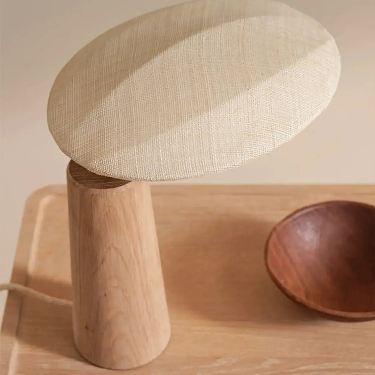 Rustic Flax Cone Shade Natural Wood Plug In Table Lamp Image - 7