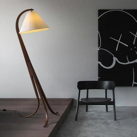 Rustic Foot Switch Fabric Cone Wood Curved Tripod Floor Lamp Image - 1