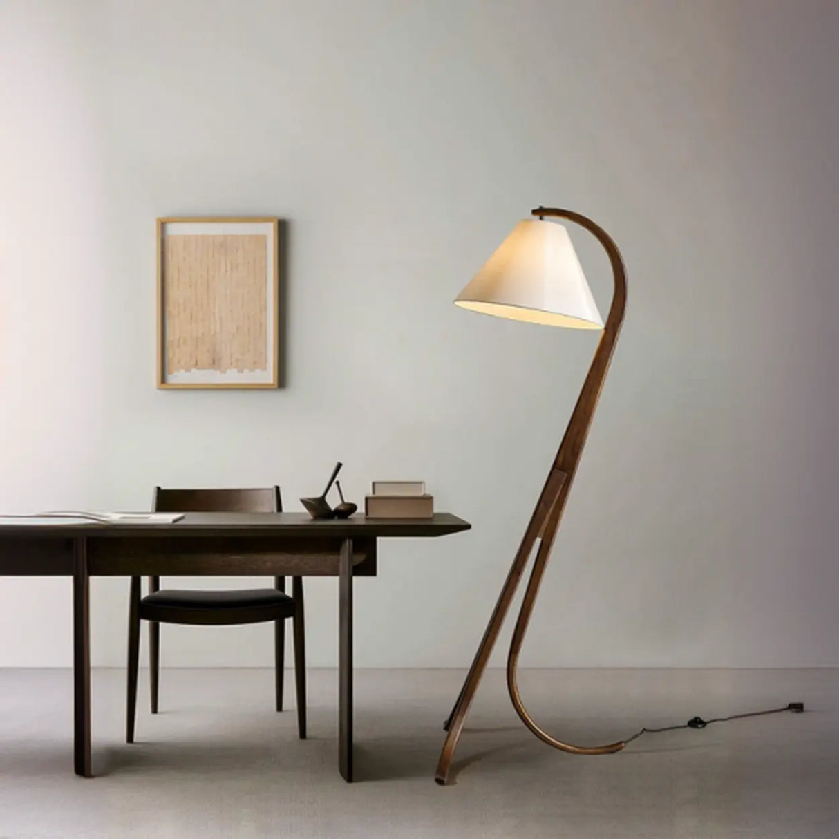 Rustic Foot Switch Fabric Cone Wood Curved Tripod Floor Lamp Image - 2