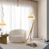 Rustic Foot Switch Fabric Cone Wood Curved Tripod Floor Lamp Image - 3