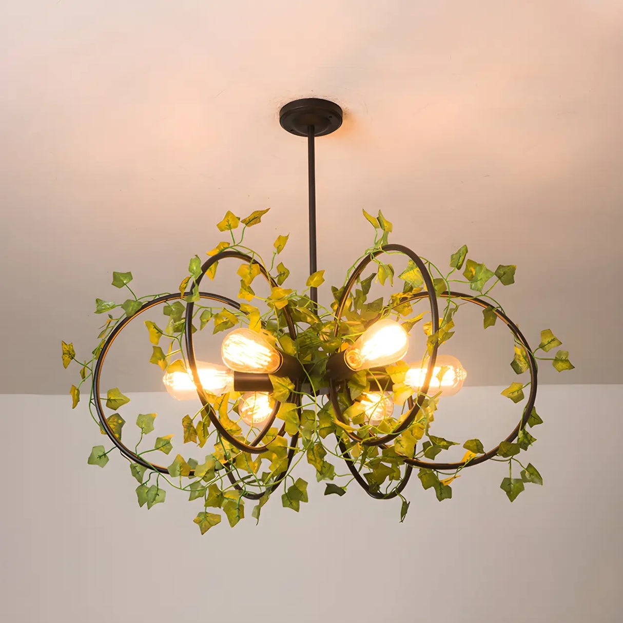 Rustic Industrial Restaurant Green Leaf Round Chandelier Image - 3