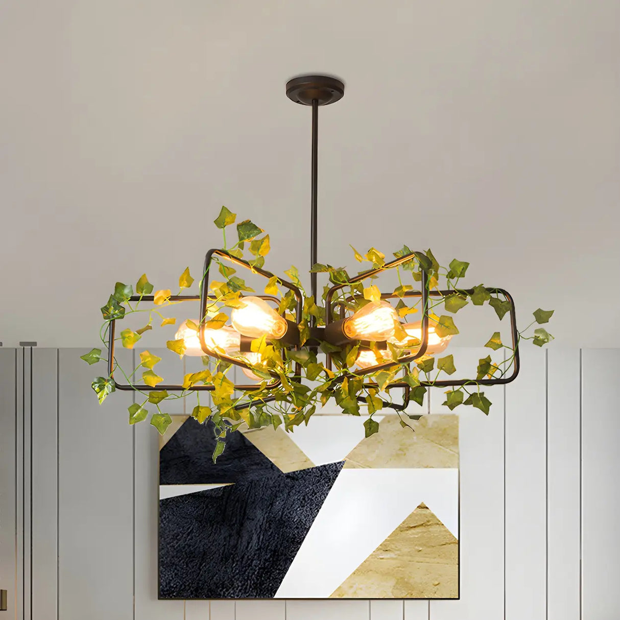 Rustic Industrial Restaurant Green Leaf Round Chandelier Image - 4