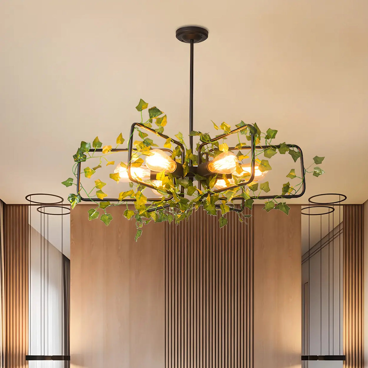 Rustic Industrial Restaurant Green Leaf Round Chandelier Image - 5