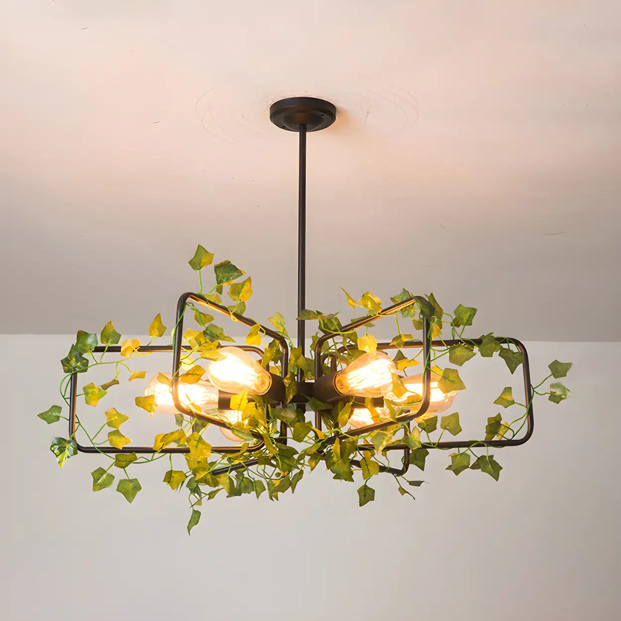 Rustic Industrial Restaurant Green Leaf Round Chandelier Image - 7