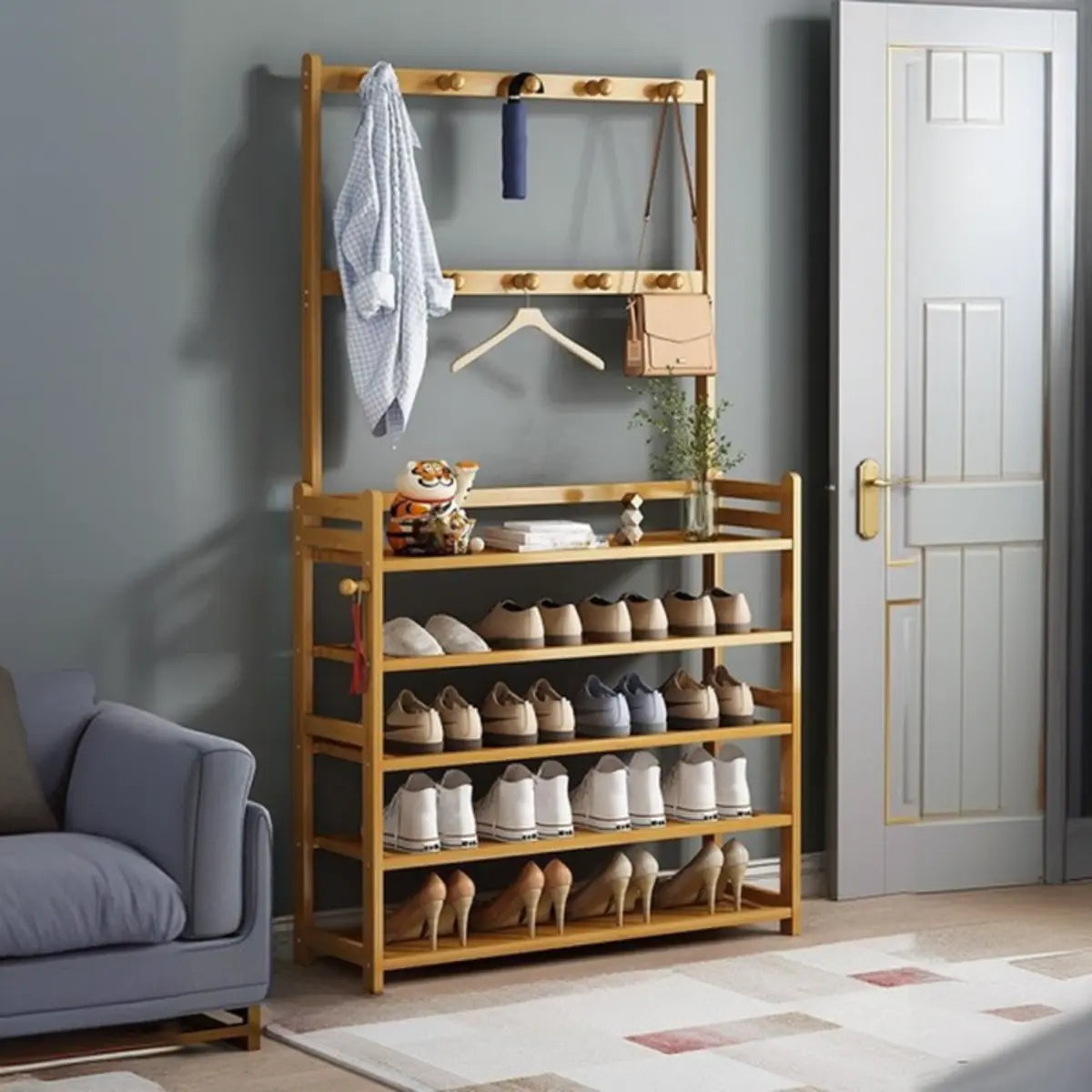 Rustic Ladder Bamboo Entryway Multi-Tier Shoe Rack Storage Image - 10