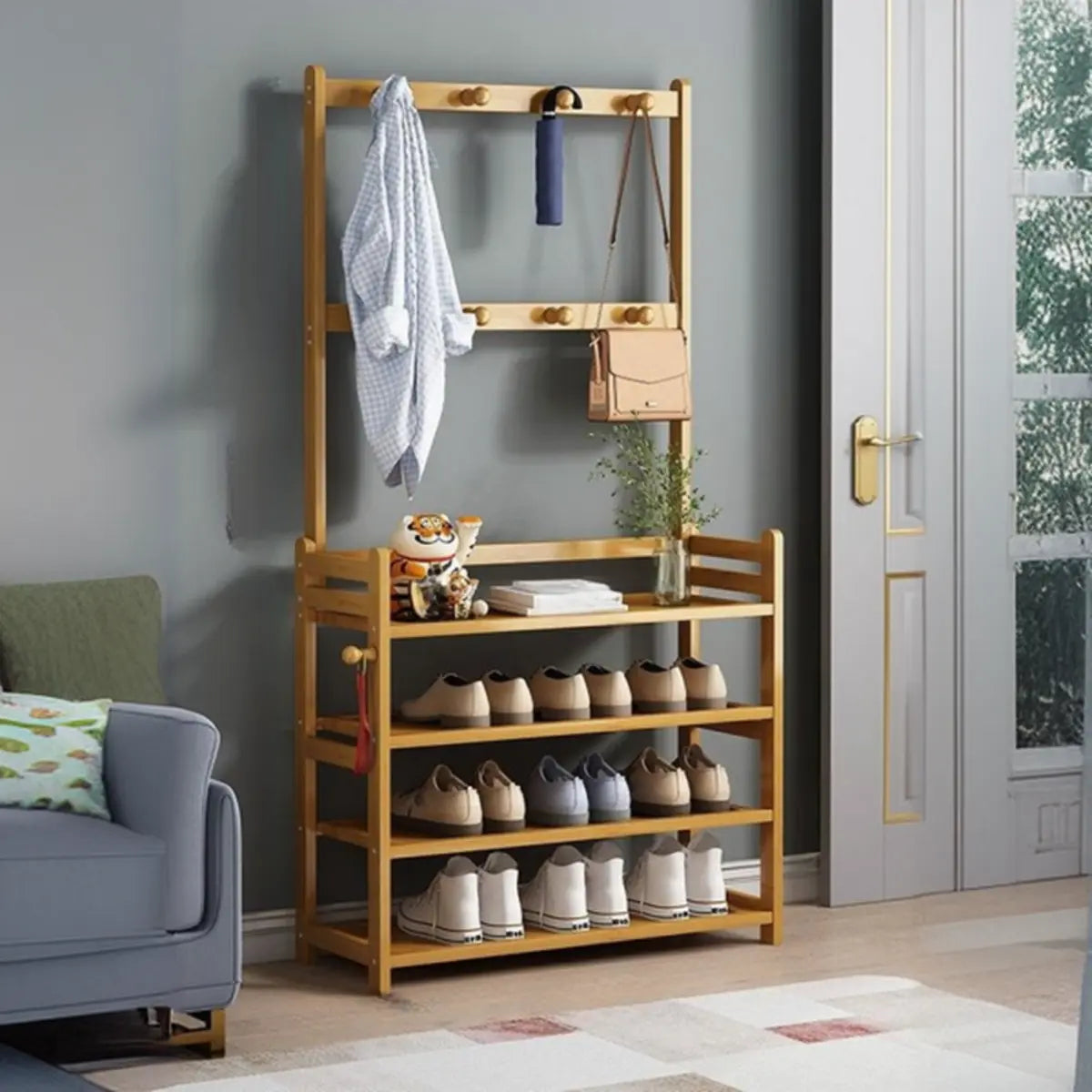 Rustic Ladder Bamboo Entryway Multi-Tier Shoe Rack Storage Image - 11