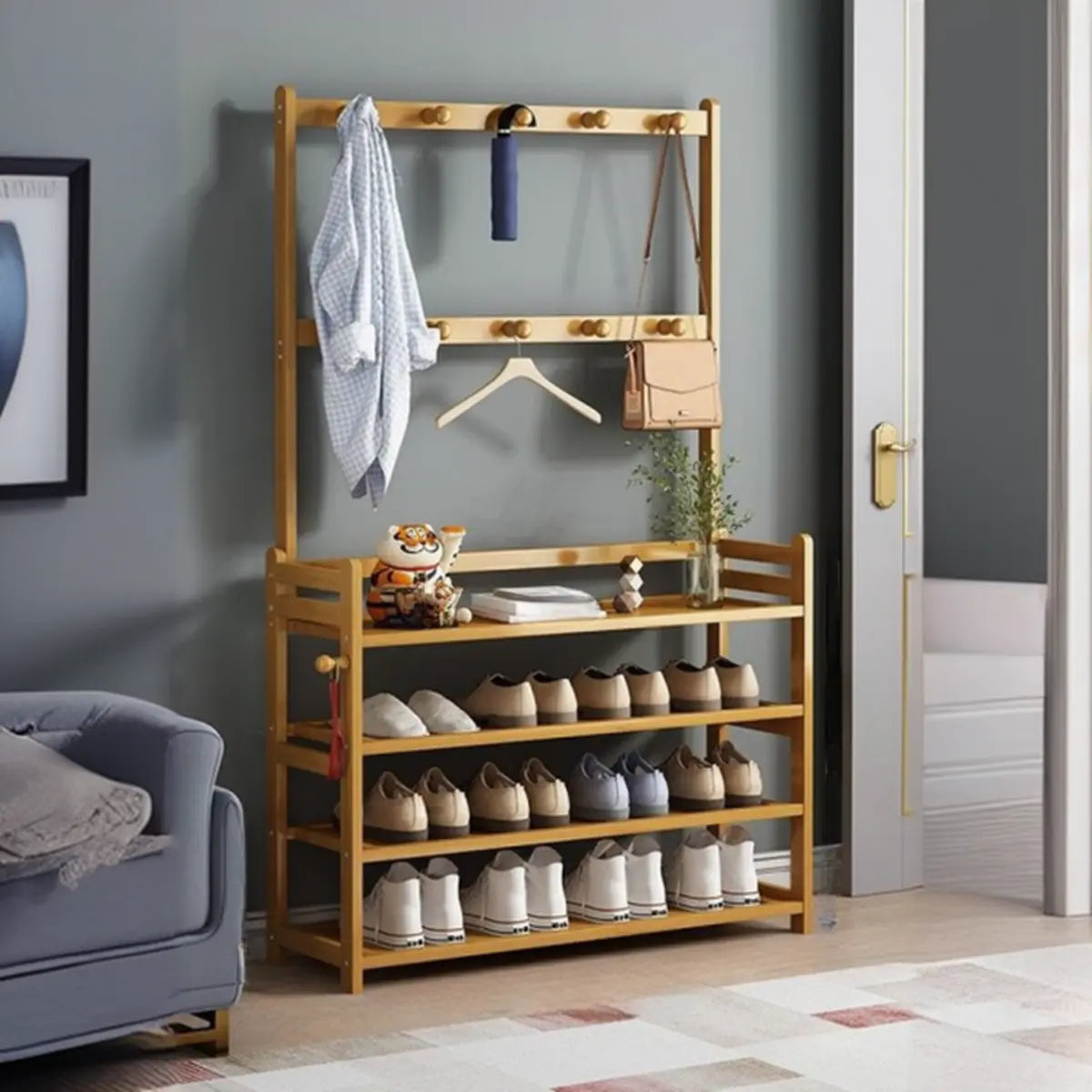 Rustic Ladder Bamboo Entryway Multi-Tier Shoe Rack Storage Image - 12