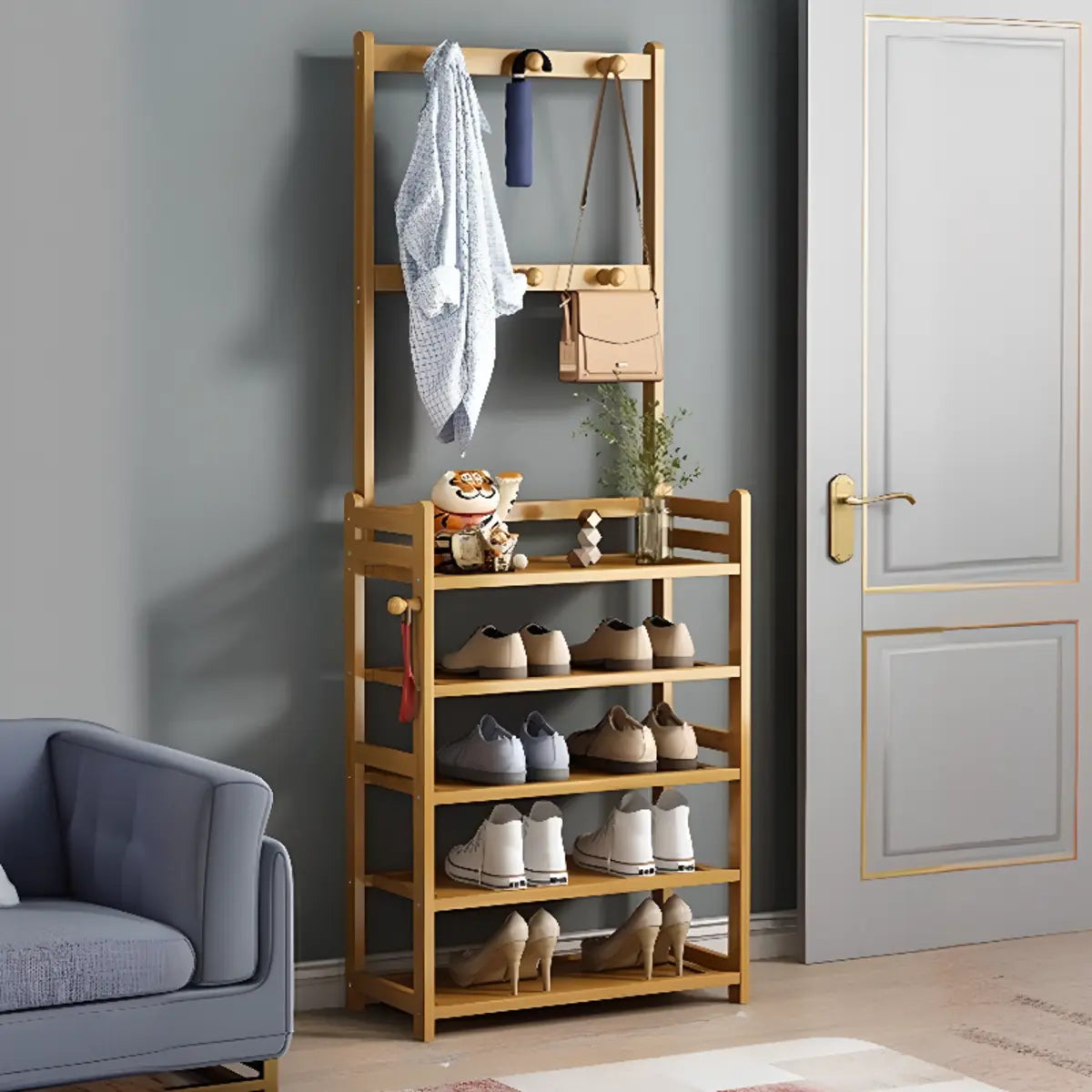 Rustic Ladder Bamboo Entryway Multi-Tier Shoe Rack Storage Image - 13