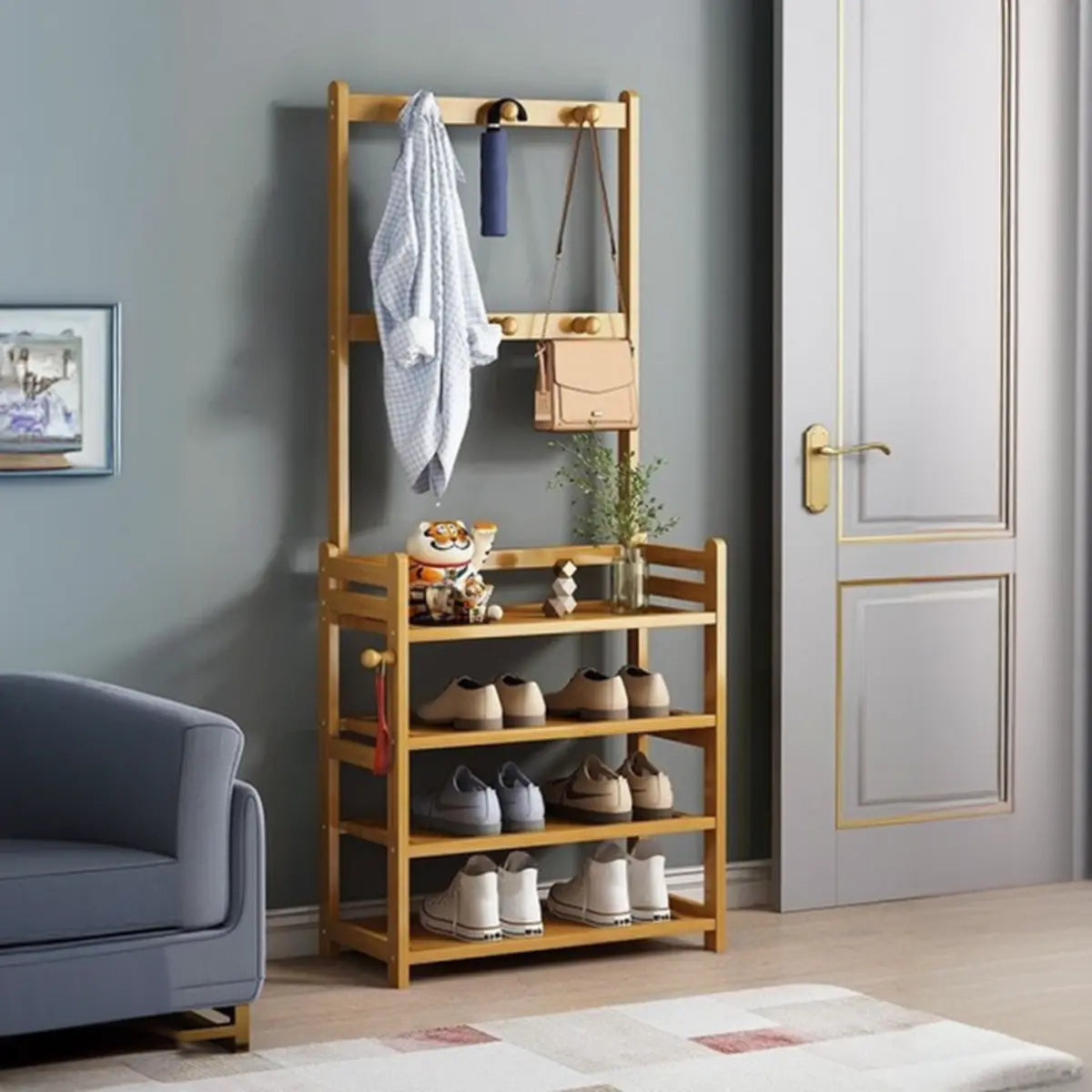 Rustic Ladder Bamboo Entryway Multi-Tier Shoe Rack Storage Image - 14