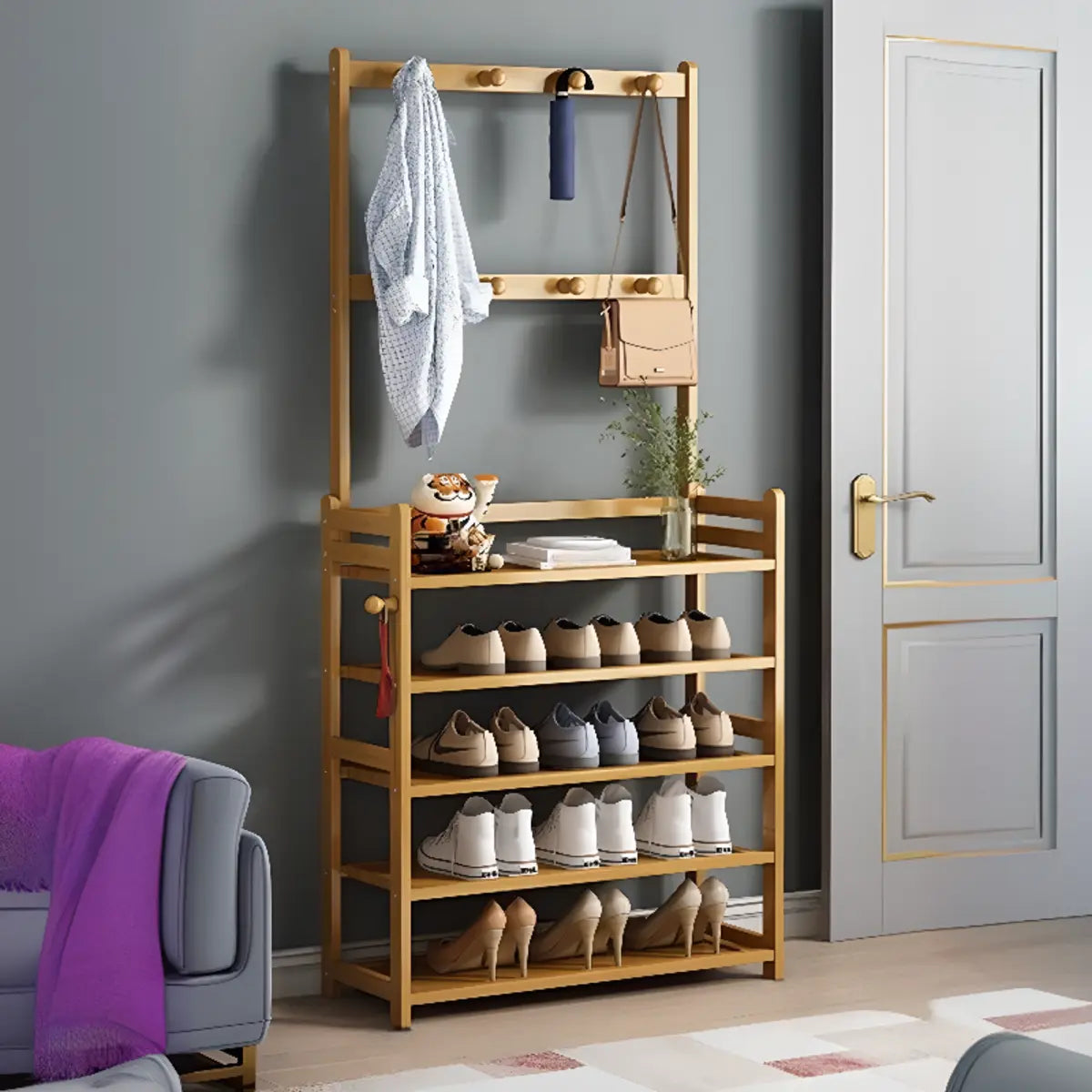 Rustic Ladder Bamboo Entryway Multi-Tier Shoe Rack Storage Image - 15