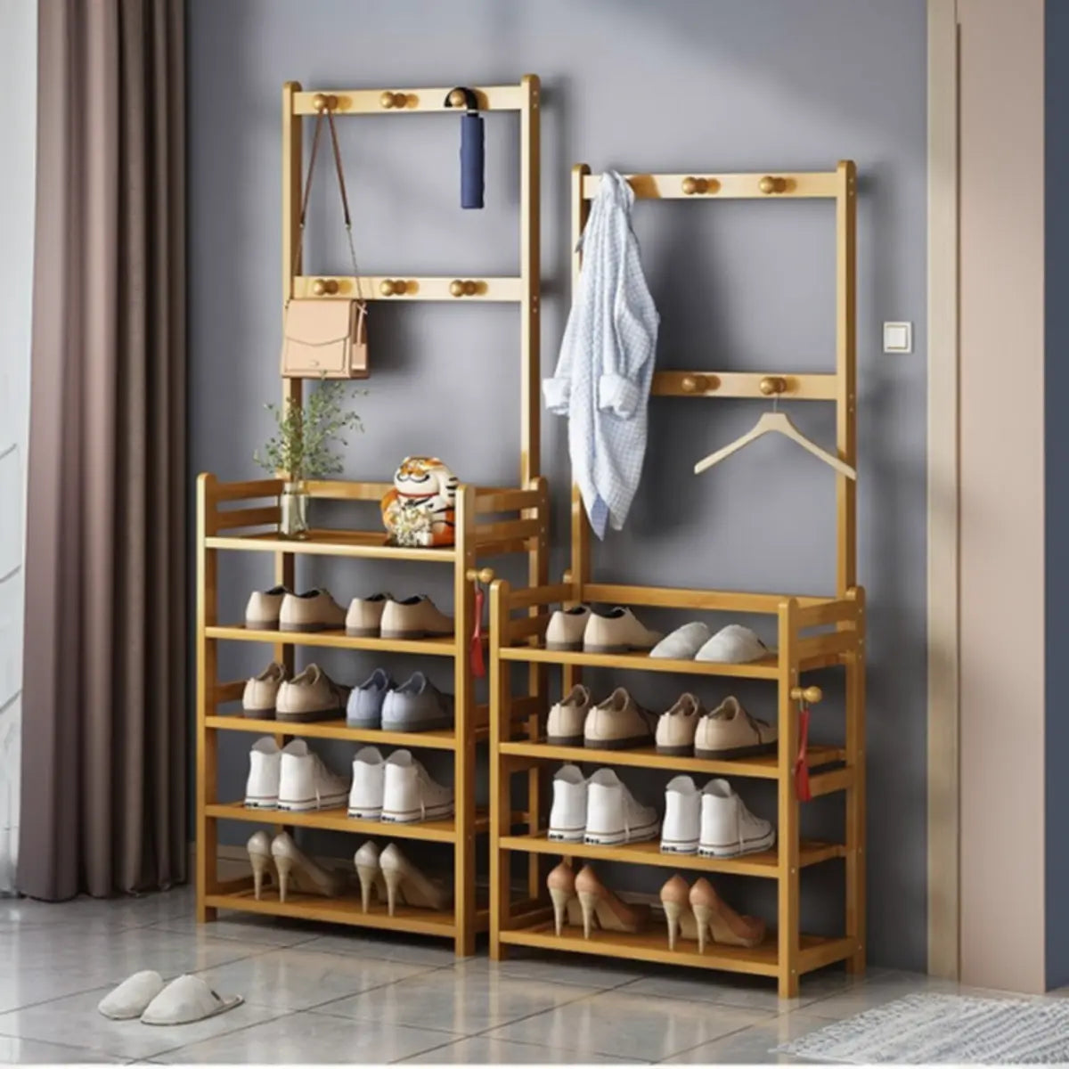 Rustic Ladder Bamboo Entryway Multi-Tier Shoe Rack Storage Image - 2