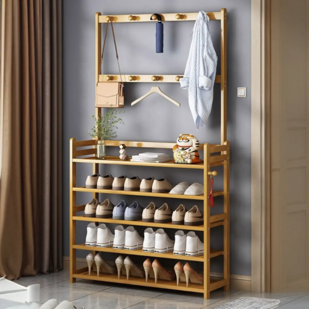 Rustic Ladder Bamboo Entryway Multi-Tier Shoe Rack Storage Image - 3