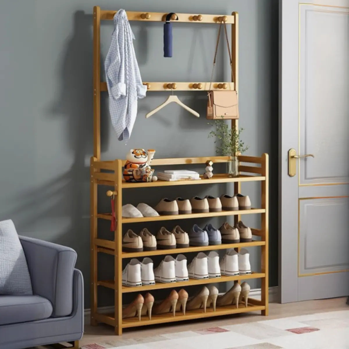 Rustic Ladder Bamboo Entryway Multi-Tier Shoe Rack Storage Image - 4