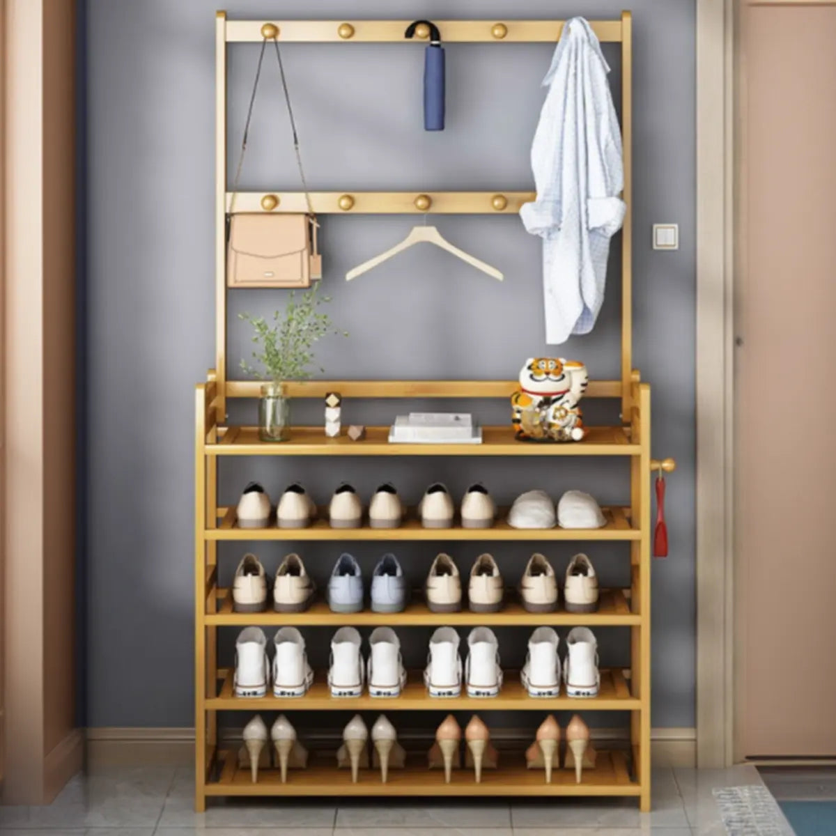 Rustic Ladder Bamboo Entryway Multi-Tier Shoe Rack Storage Image - 5