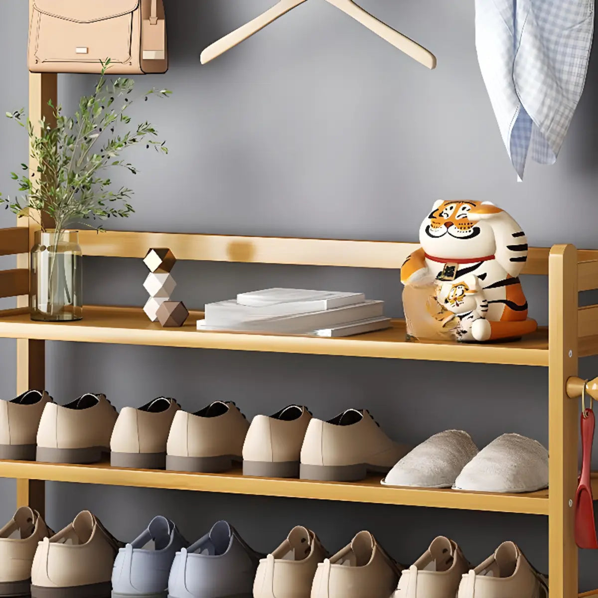 Rustic Ladder Bamboo Entryway Multi-Tier Shoe Rack Storage Image - 9