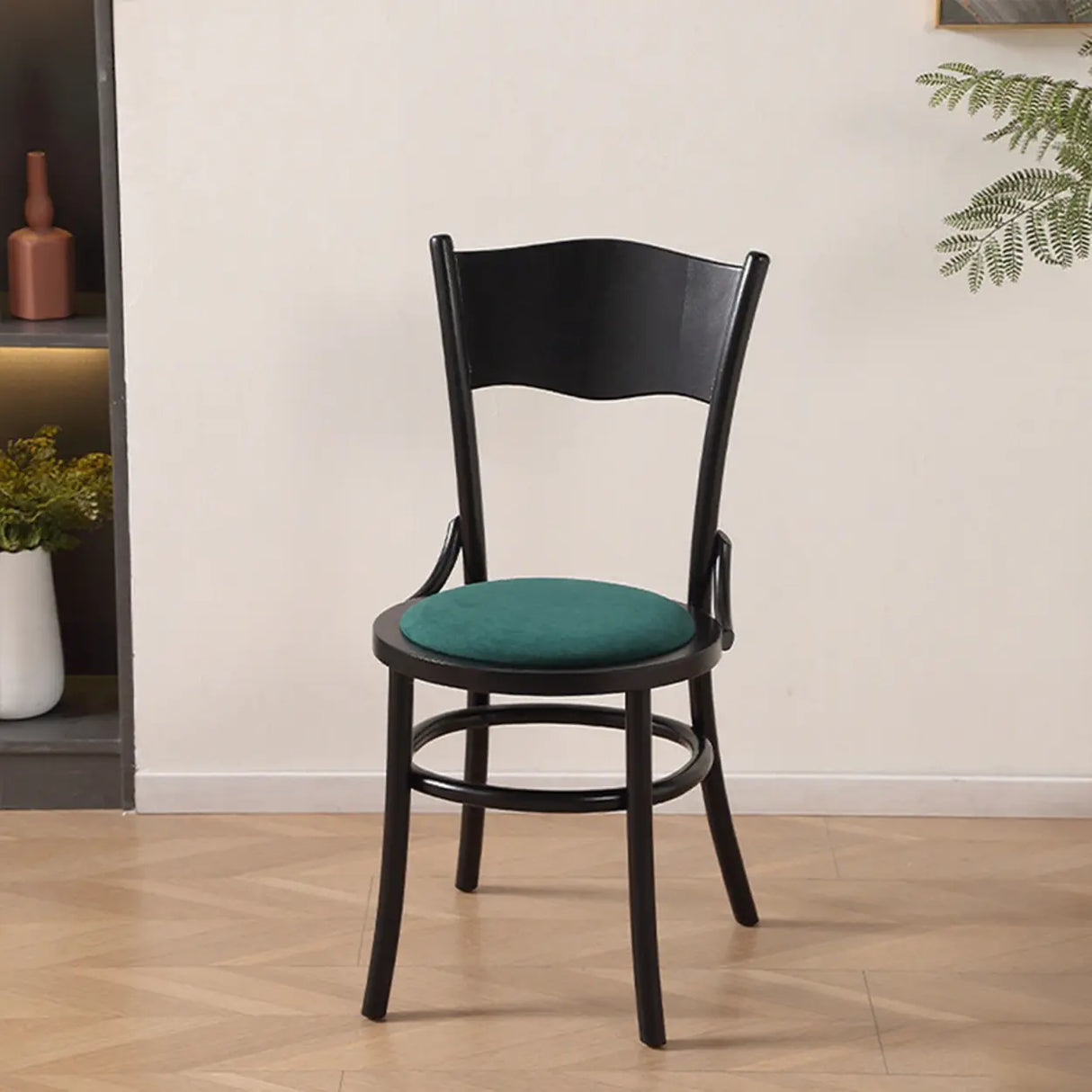 Rustic Mid-Century Wooden Back Curved Dining Chair with Cushion Image - 14