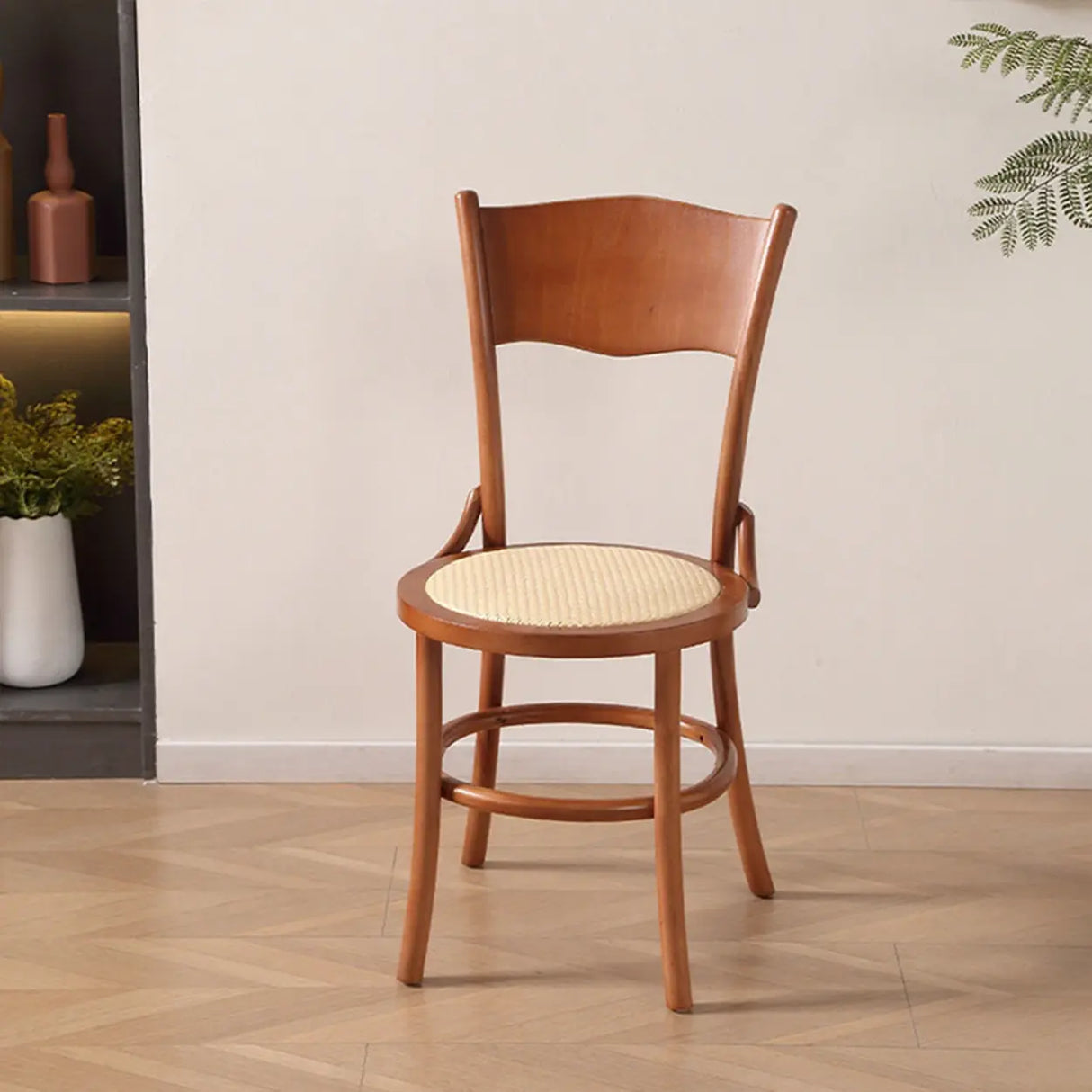 Rustic Mid-Century Wooden Back Curved Dining Chair with Cushion Image - 18