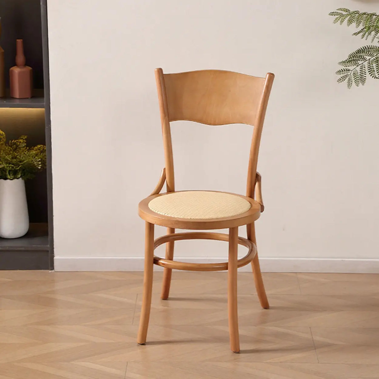 Rustic Mid-Century Wooden Back Curved Dining Chair with Cushion Image - 5