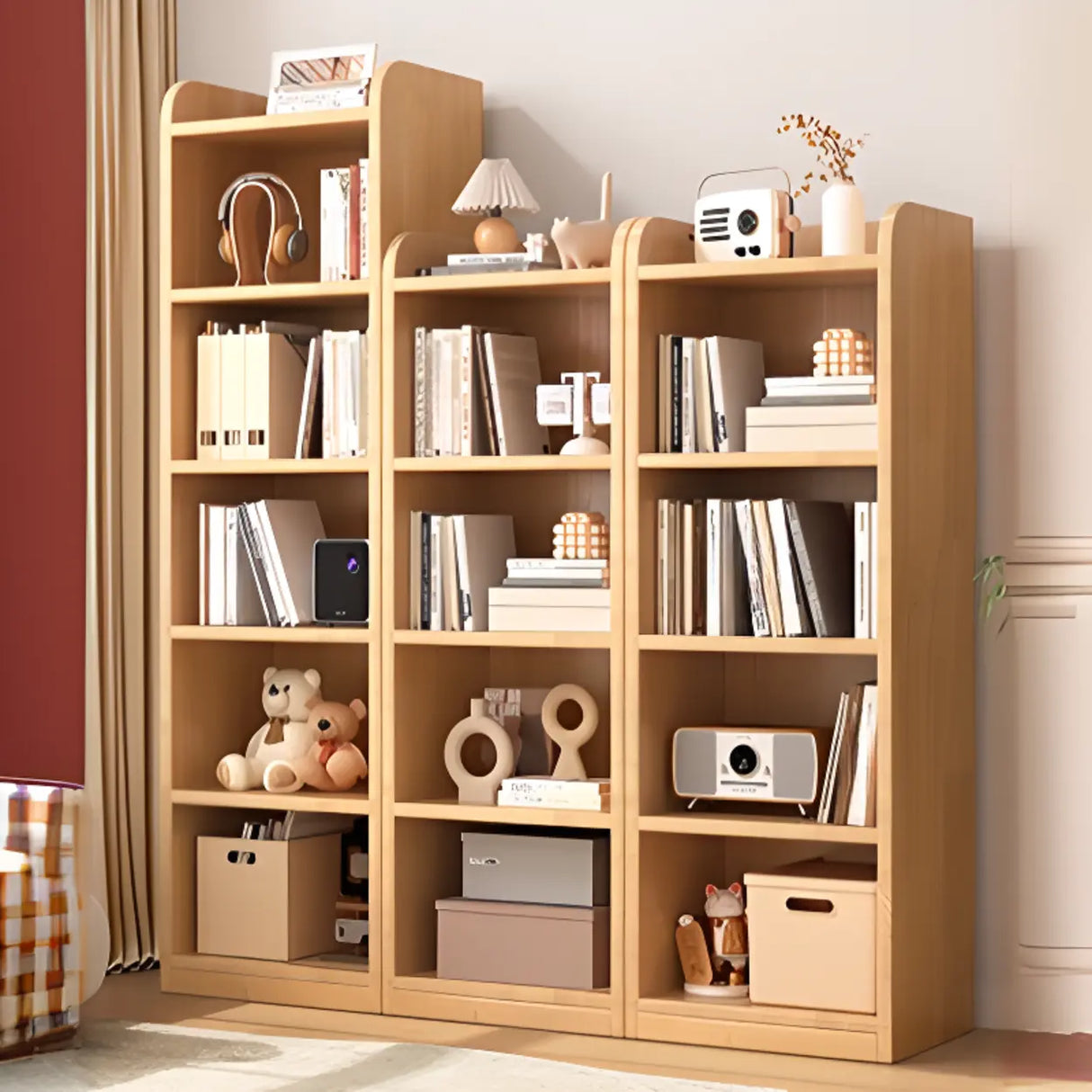 Rustic Natural Finish Adjustable Shelves Wood Bookcase Image - 11