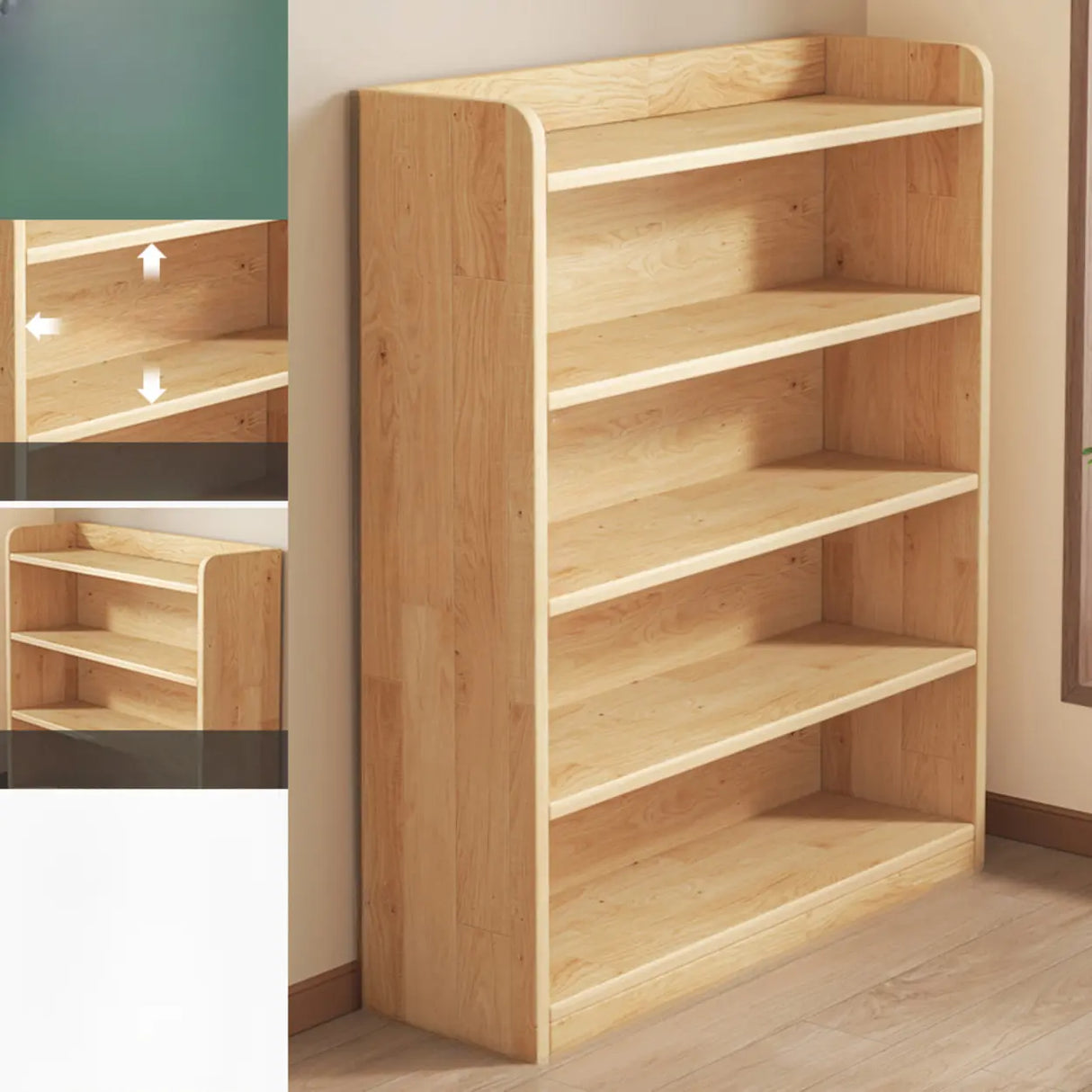 Rustic Natural Finish Adjustable Shelves Wood Bookcase Image - 12