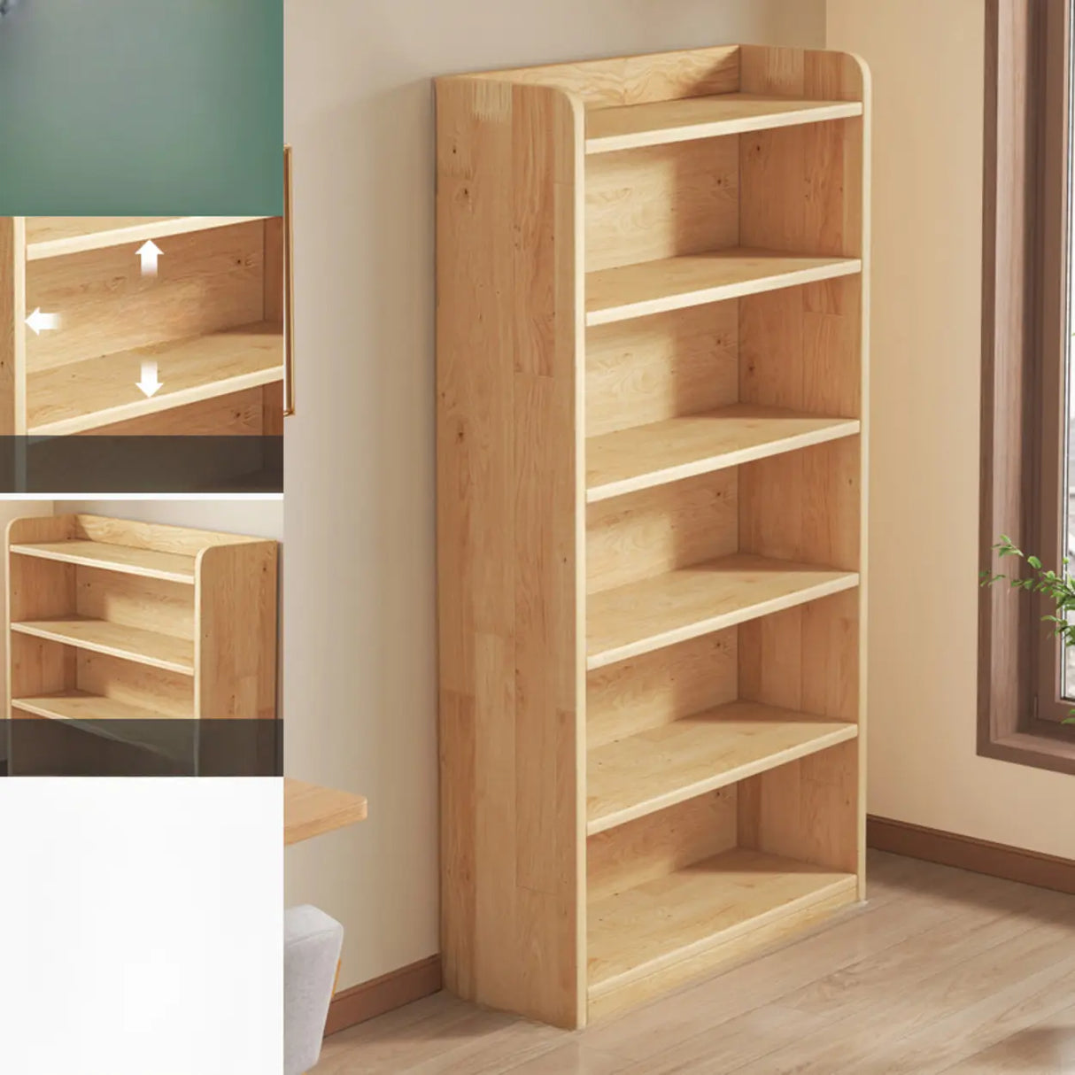 Rustic Natural Finish Adjustable Shelves Wood Bookcase Image - 14