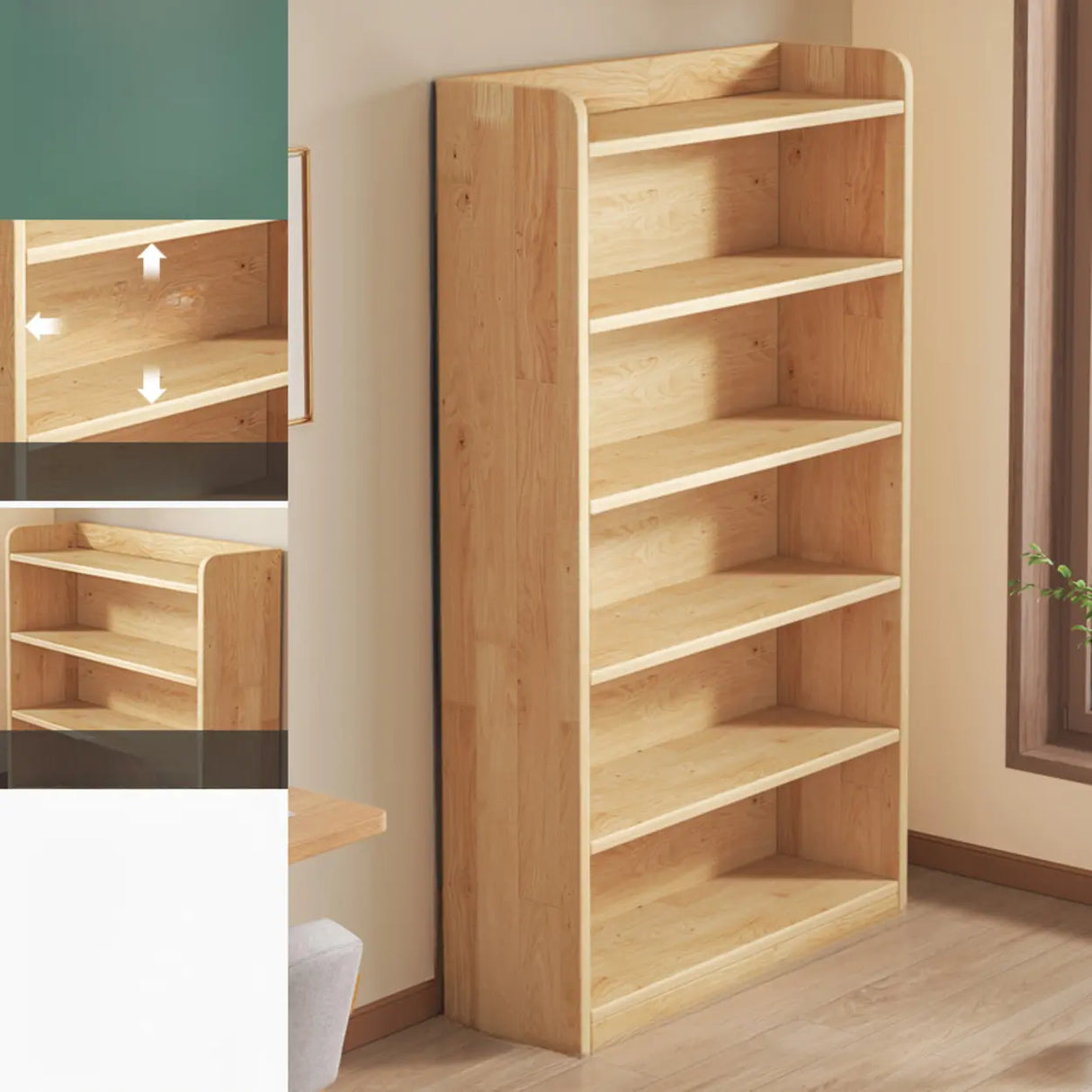 Rustic Natural Finish Adjustable Shelves Wood Bookcase Image - 16
