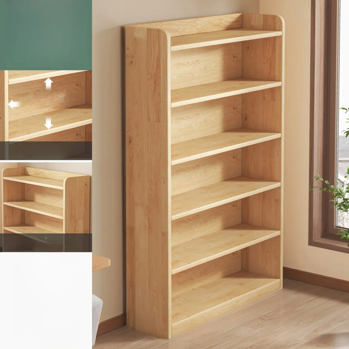 Rustic Natural Finish Adjustable Shelves Wood Bookcase Image - 17