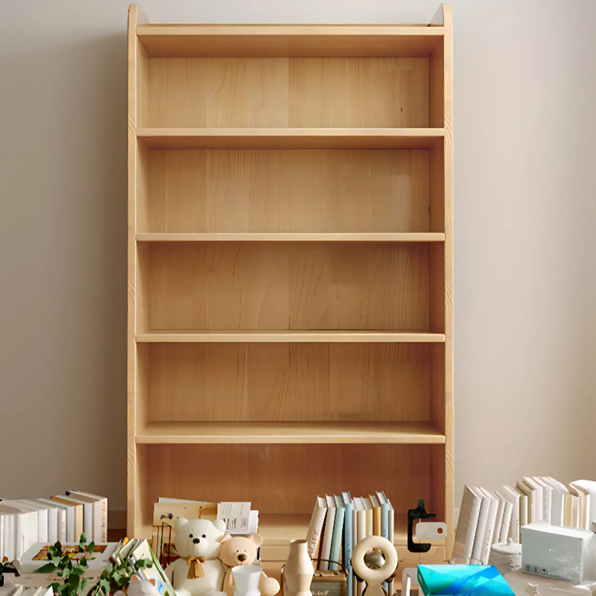 Rustic Natural Finish Adjustable Shelves Wood Bookcase Image - 18