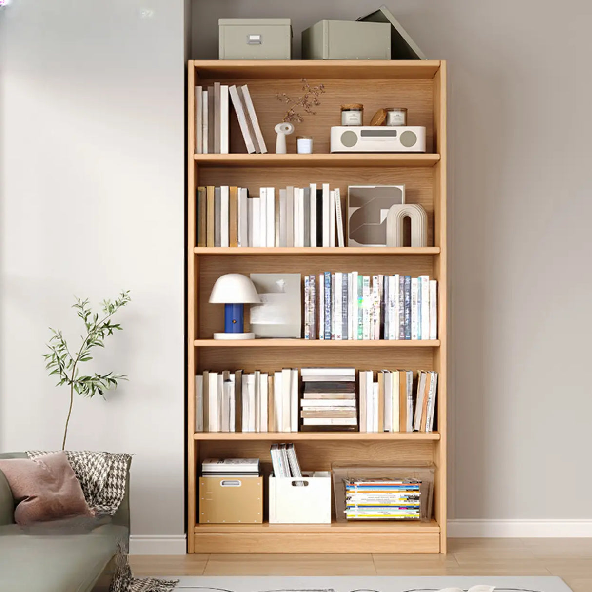 Rustic Natural Finish Adjustable Shelves Wood Bookcase Image - 19