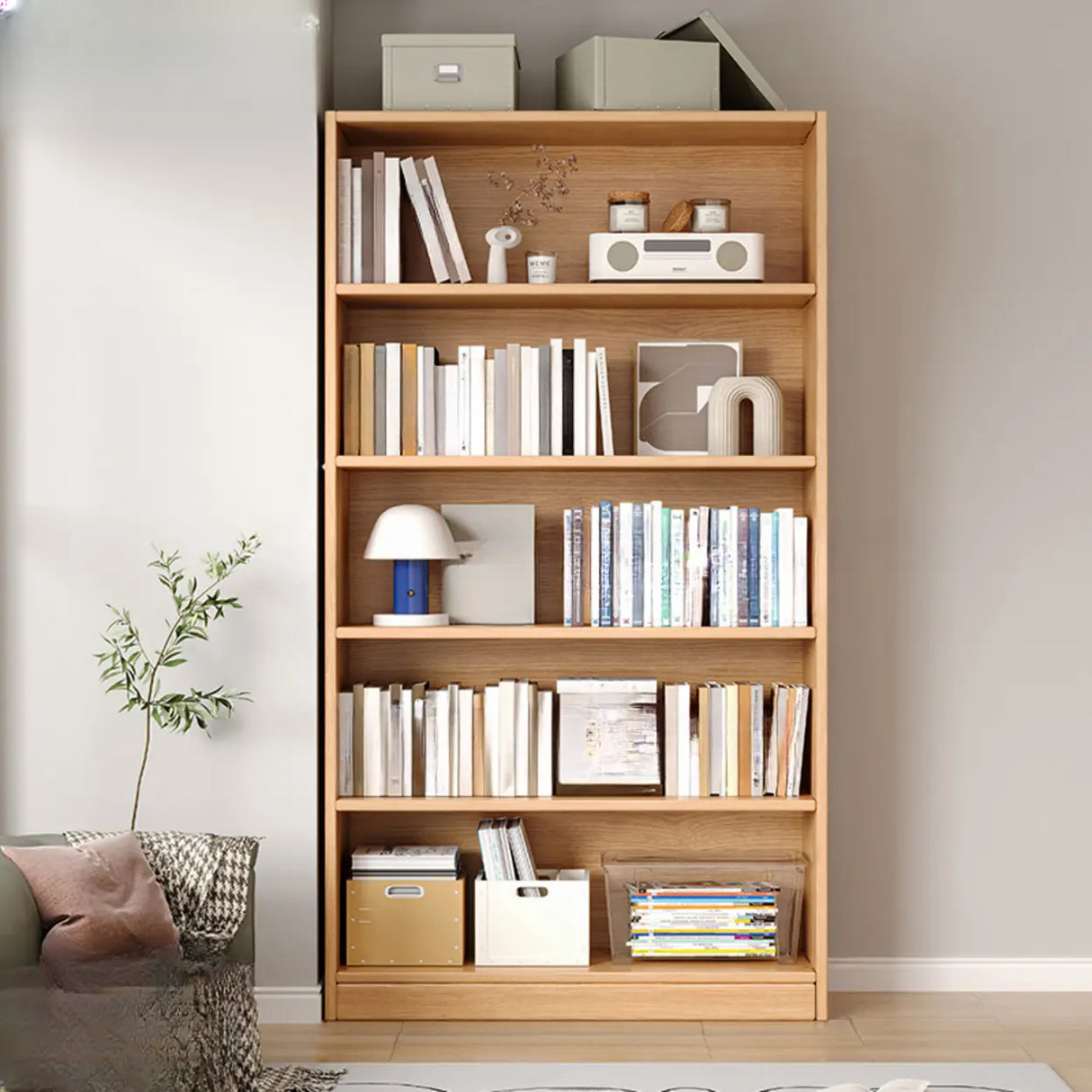 Rustic Natural Finish Adjustable Shelves Wood Bookcase Image - 20