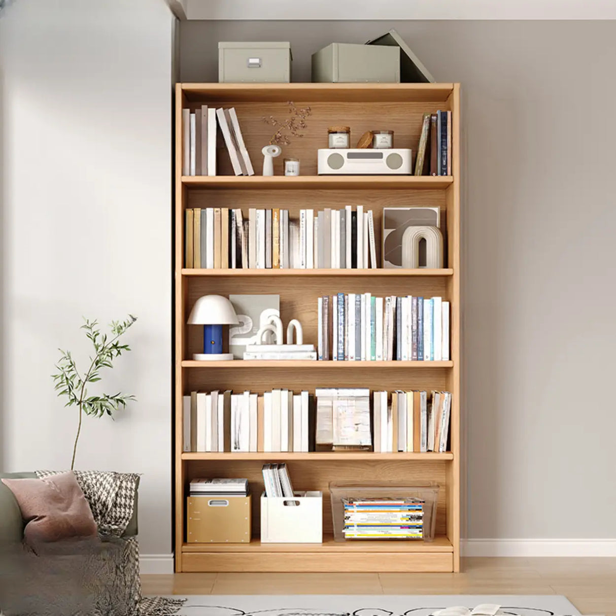 Rustic Natural Finish Adjustable Shelves Wood Bookcase Image - 21