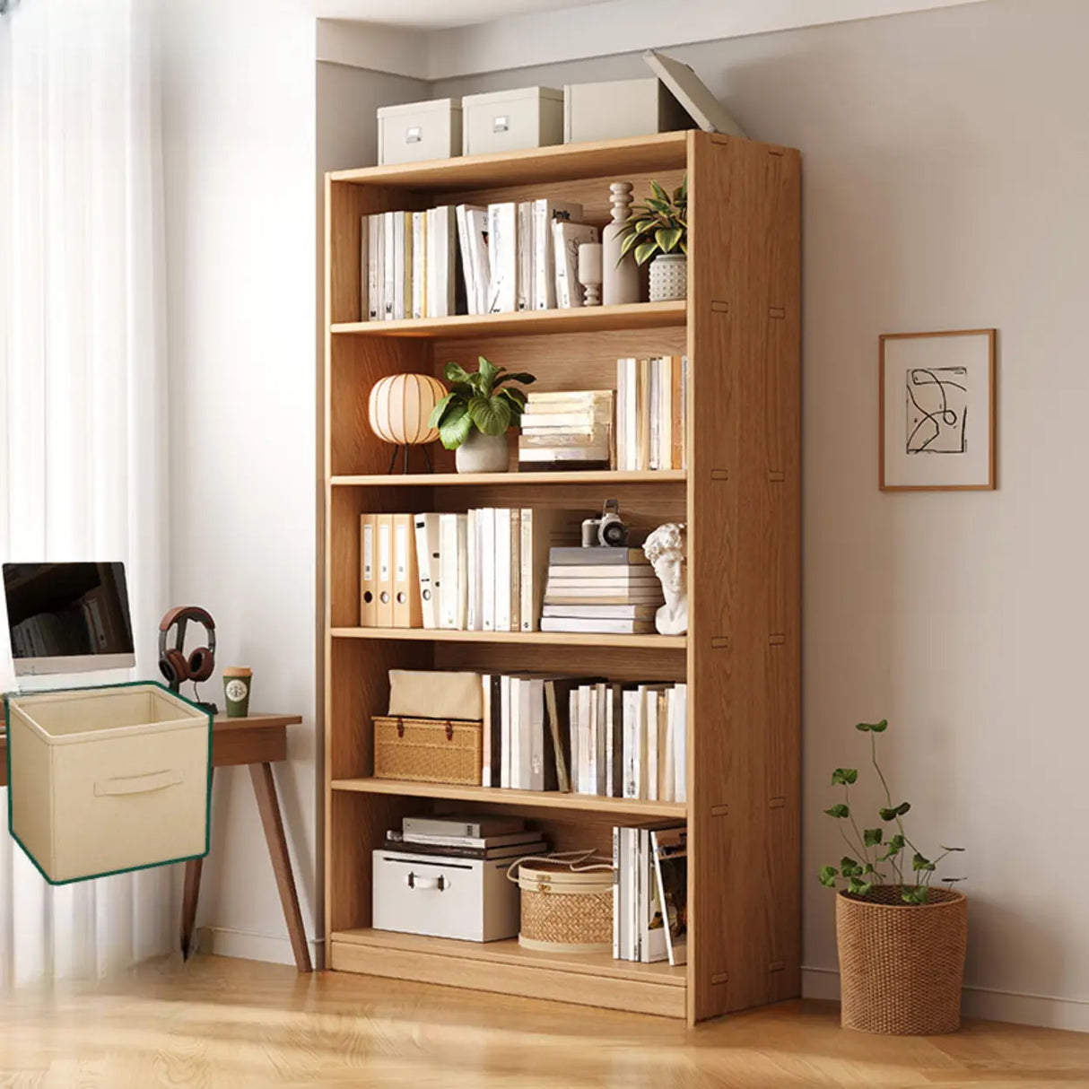 Rustic Natural Finish Adjustable Shelves Wood Bookcase Image - 25