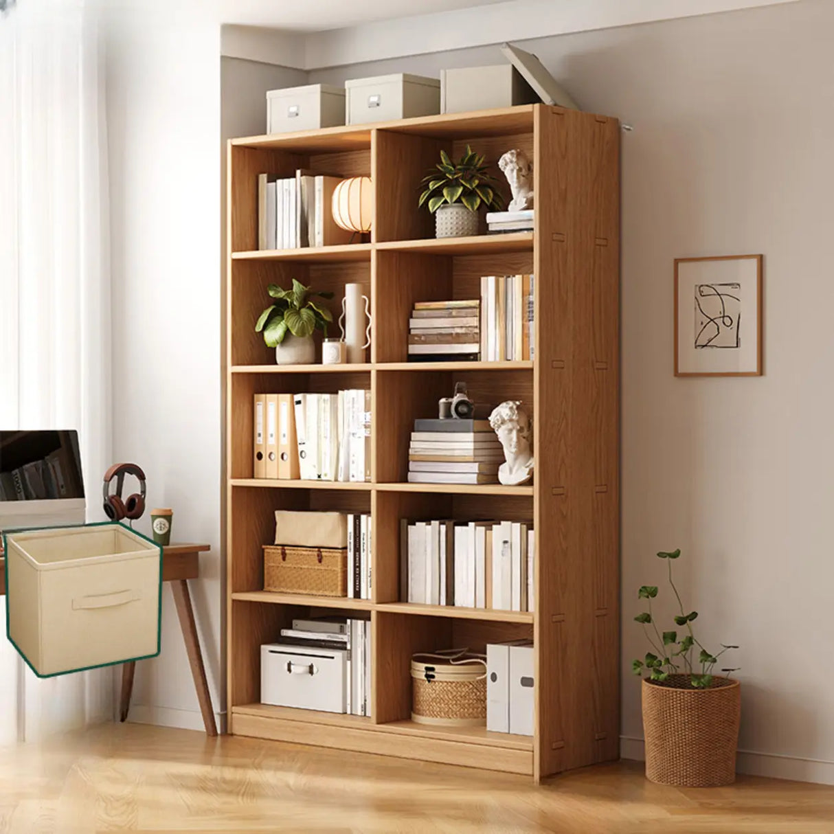 Rustic Natural Finish Adjustable Shelves Wood Bookcase Image - 26