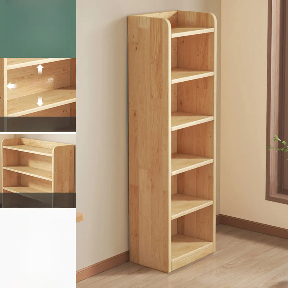 Rustic Natural Finish Adjustable Shelves Wood Bookcase Image - 33