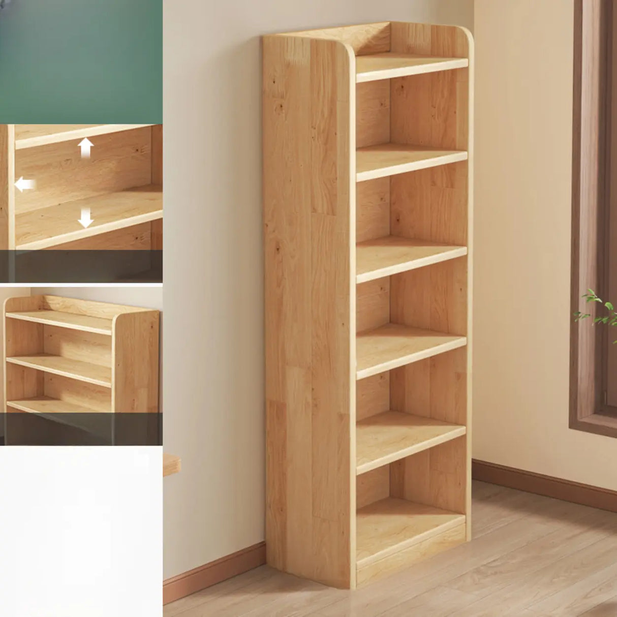 Rustic Natural Finish Adjustable Shelves Wood Bookcase Image - 34